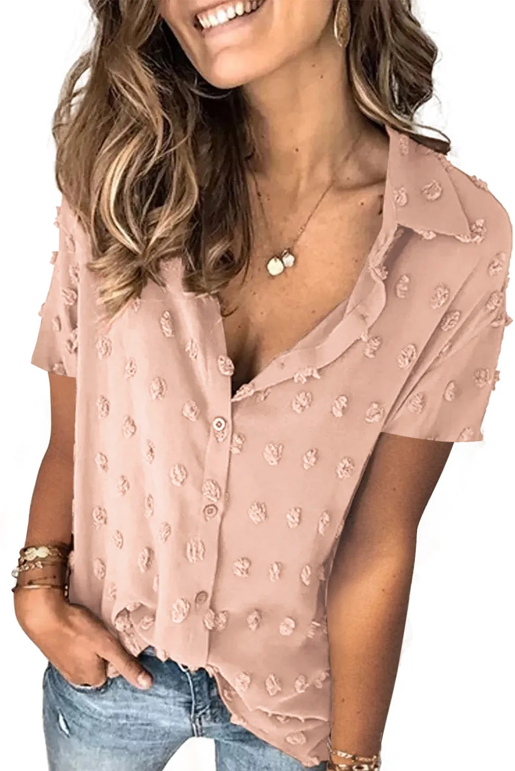 Button Down Short Sleeve Sheer Swiss Dot Shirt