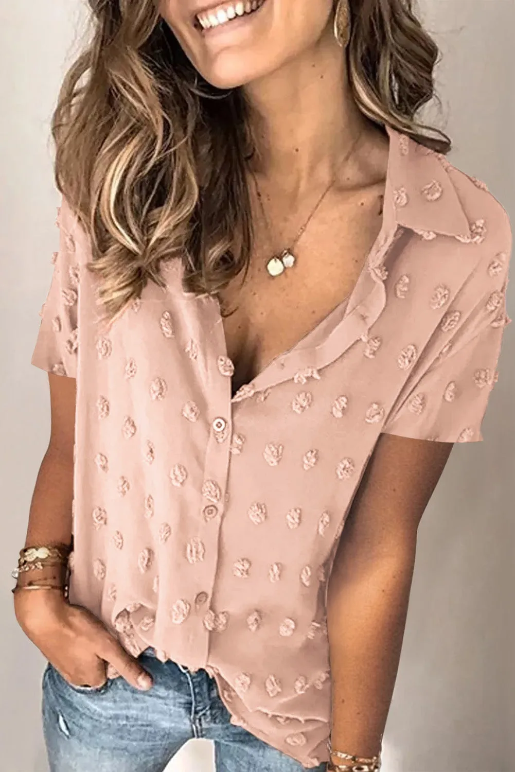 Button Down Short Sleeve Sheer Swiss Dot Shirt