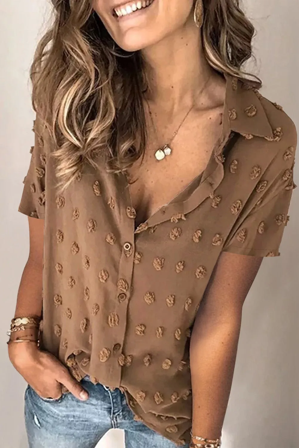Button Down Short Sleeve Sheer Swiss Dot Shirt