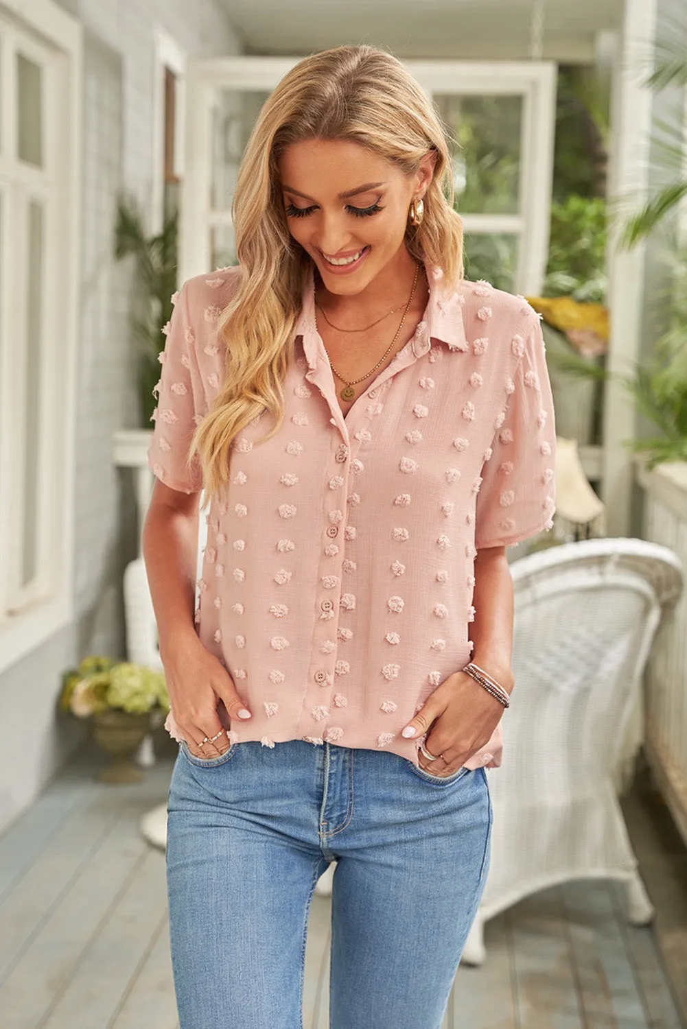 Button Down Short Sleeve Sheer Swiss Dot Shirt