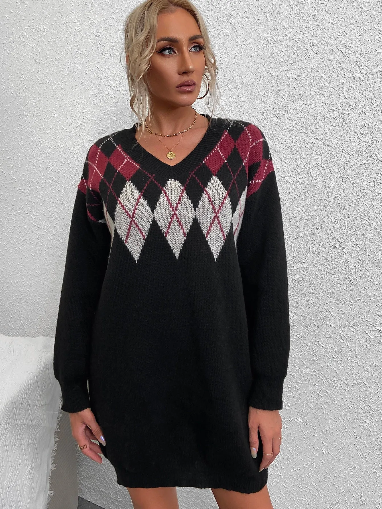 Casual Geometric Long Sleeve V Neck Straight Short Women Sweater Dress