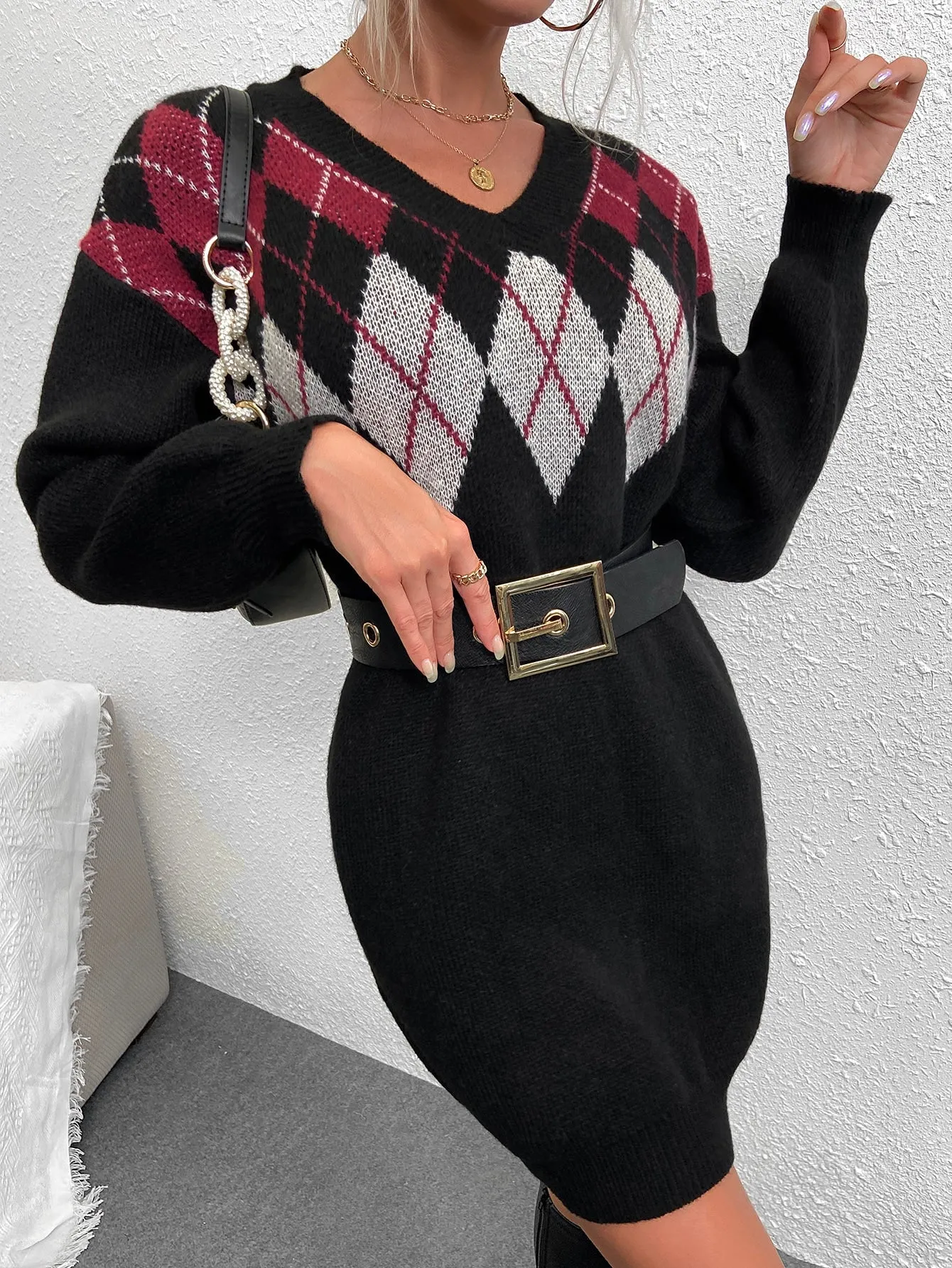 Casual Geometric Long Sleeve V Neck Straight Short Women Sweater Dress