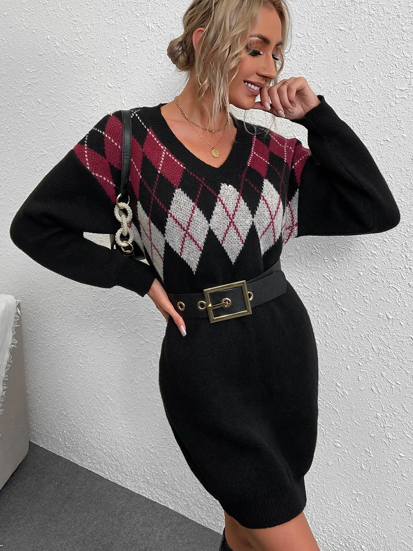 Casual Geometric Long Sleeve V Neck Straight Short Women Sweater Dress