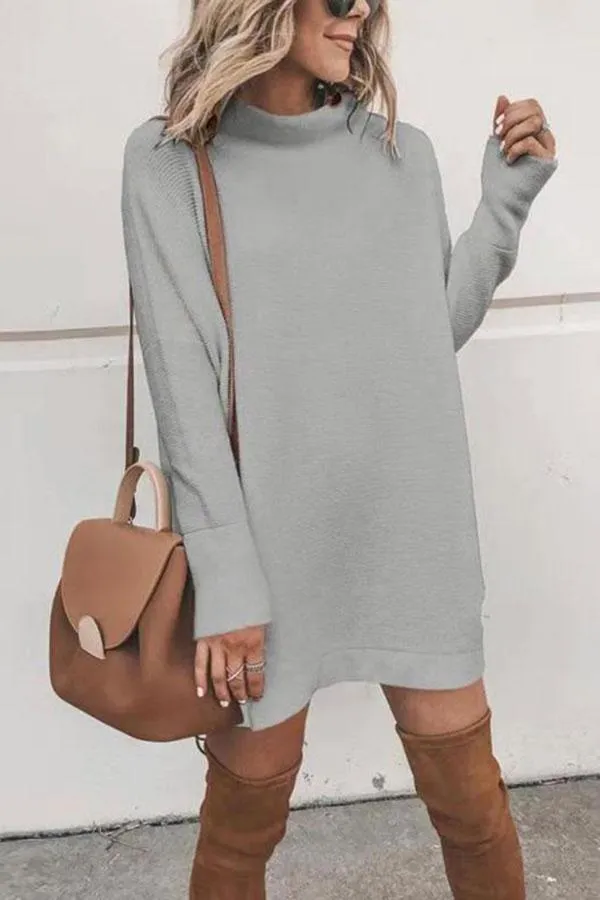 Casual Long Sleeve High Neck Plain Mini Sweater Dress