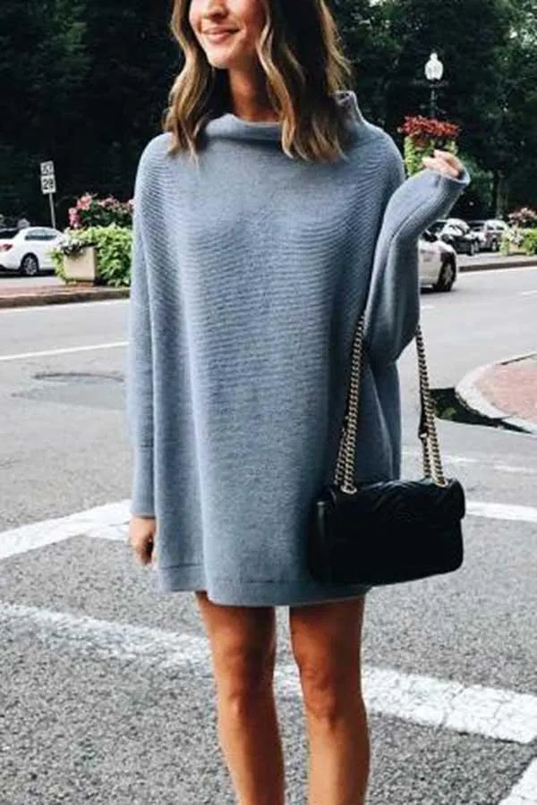 Casual Long Sleeve High Neck Plain Mini Sweater Dress