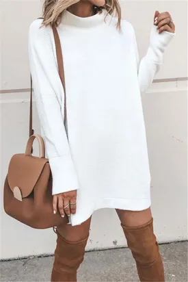 Casual Long Sleeve High Neck Plain Mini Sweater Dress