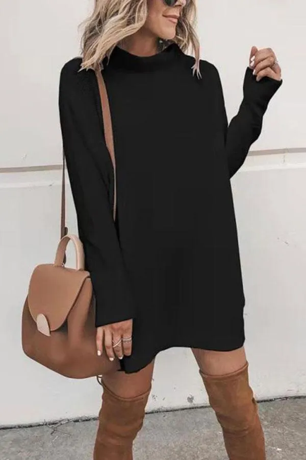 Casual Long Sleeve High Neck Plain Mini Sweater Dress