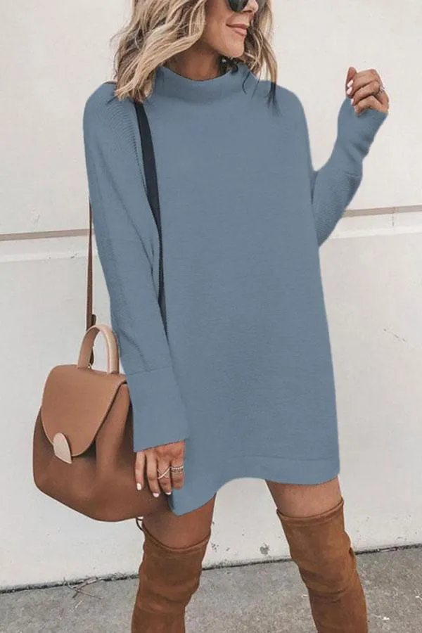 Casual Long Sleeve High Neck Plain Mini Sweater Dress