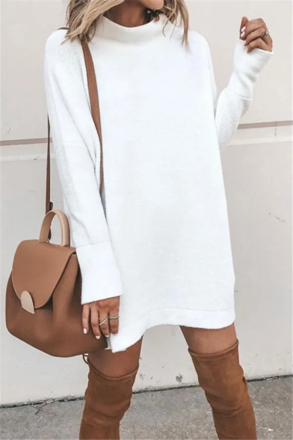 Casual Long Sleeve High Neck Plain Mini Sweater Dress