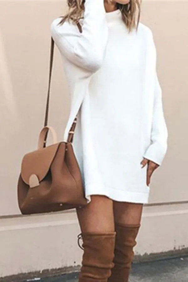 Casual Long Sleeve High Neck Plain Mini Sweater Dress