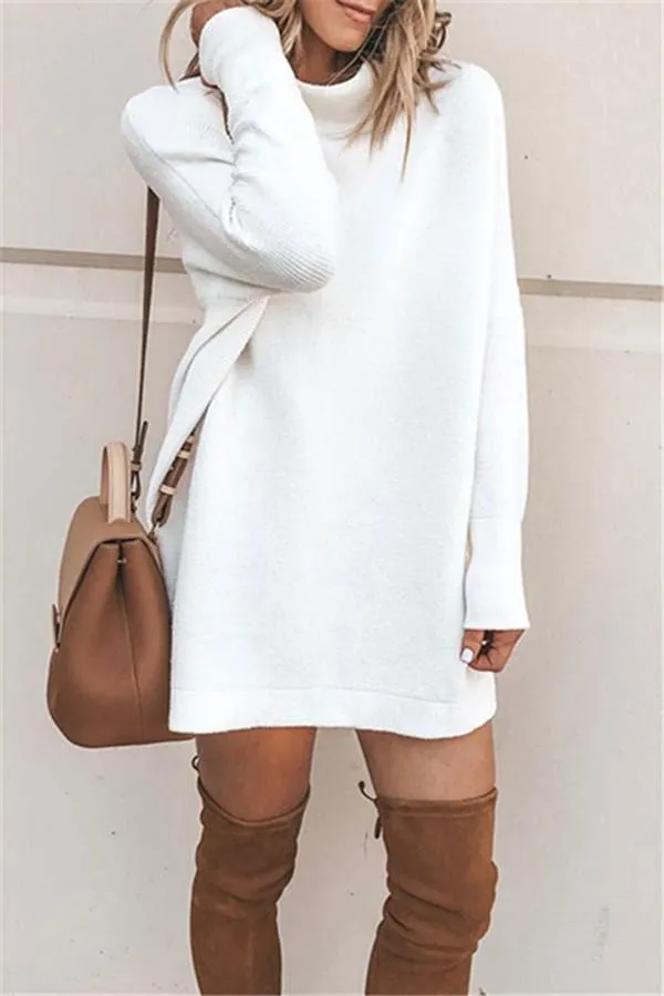 Casual Long Sleeve High Neck Plain Mini Sweater Dress