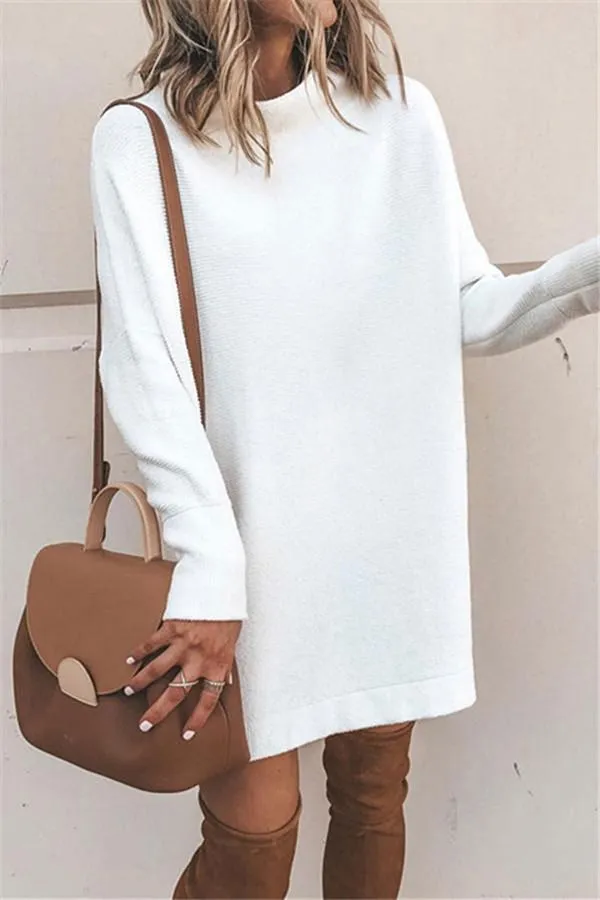 Casual Long Sleeve High Neck Plain Mini Sweater Dress