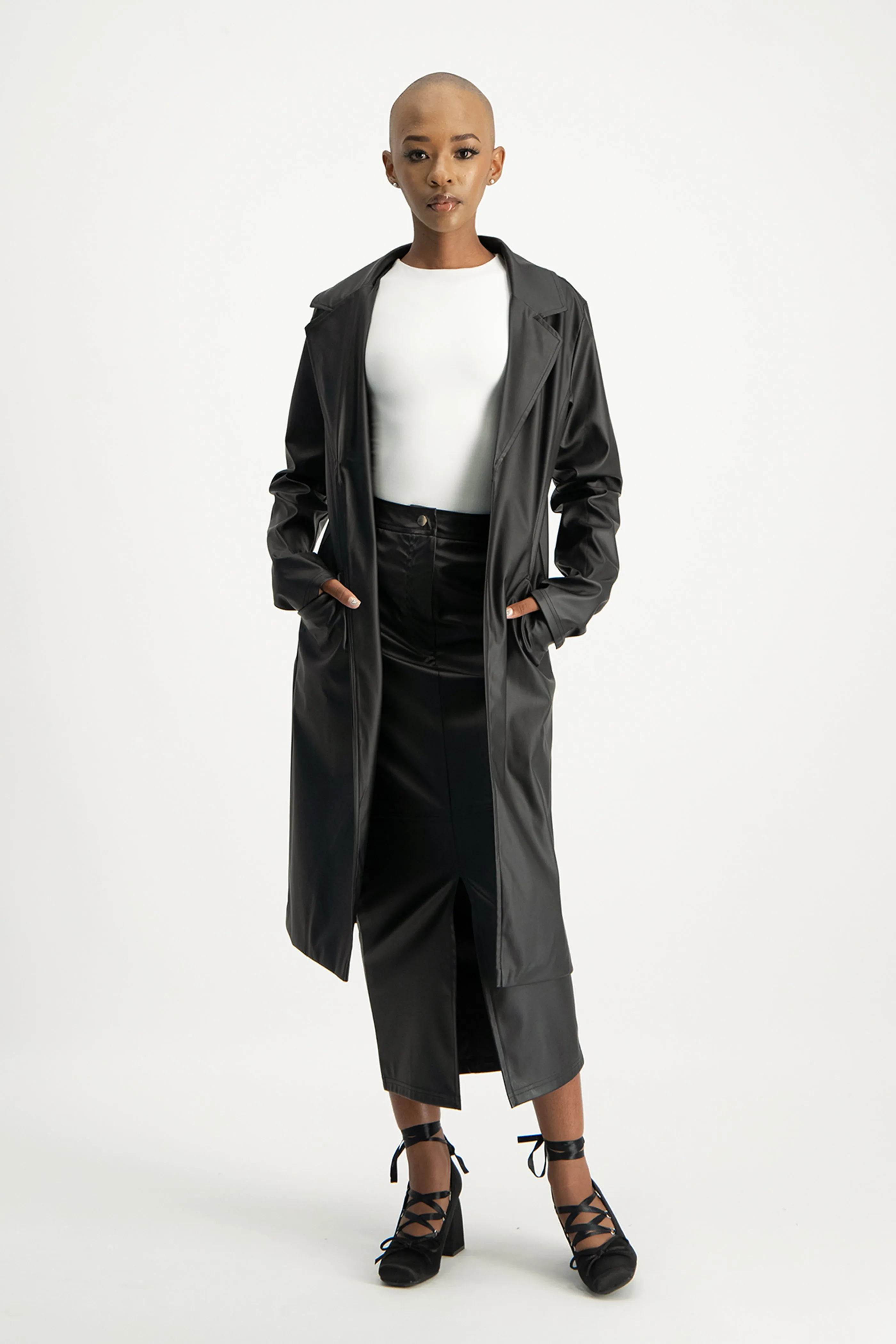 Cece Faux Leather Trench Coat - Black