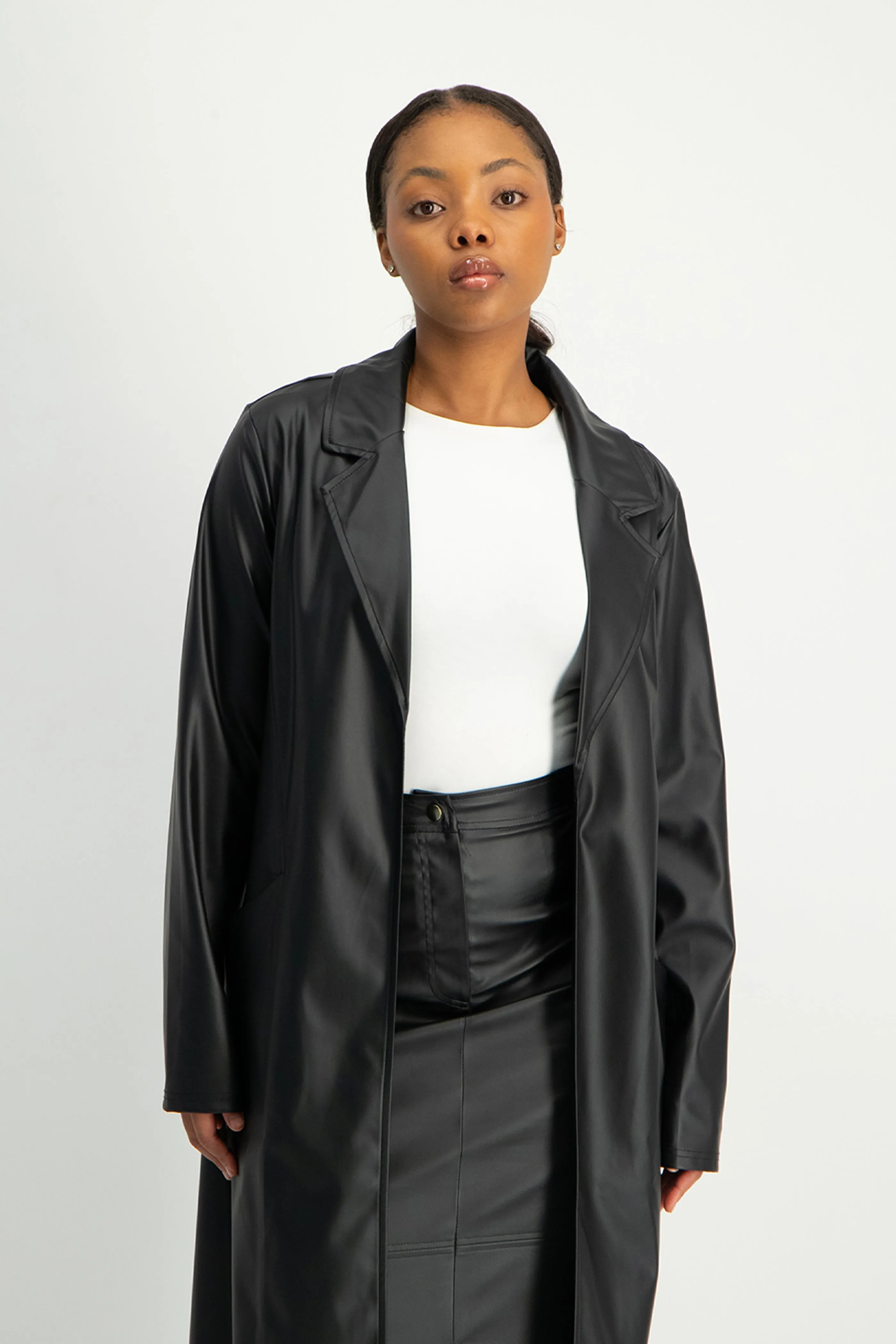 Cece Faux Leather Trench Coat - Black
