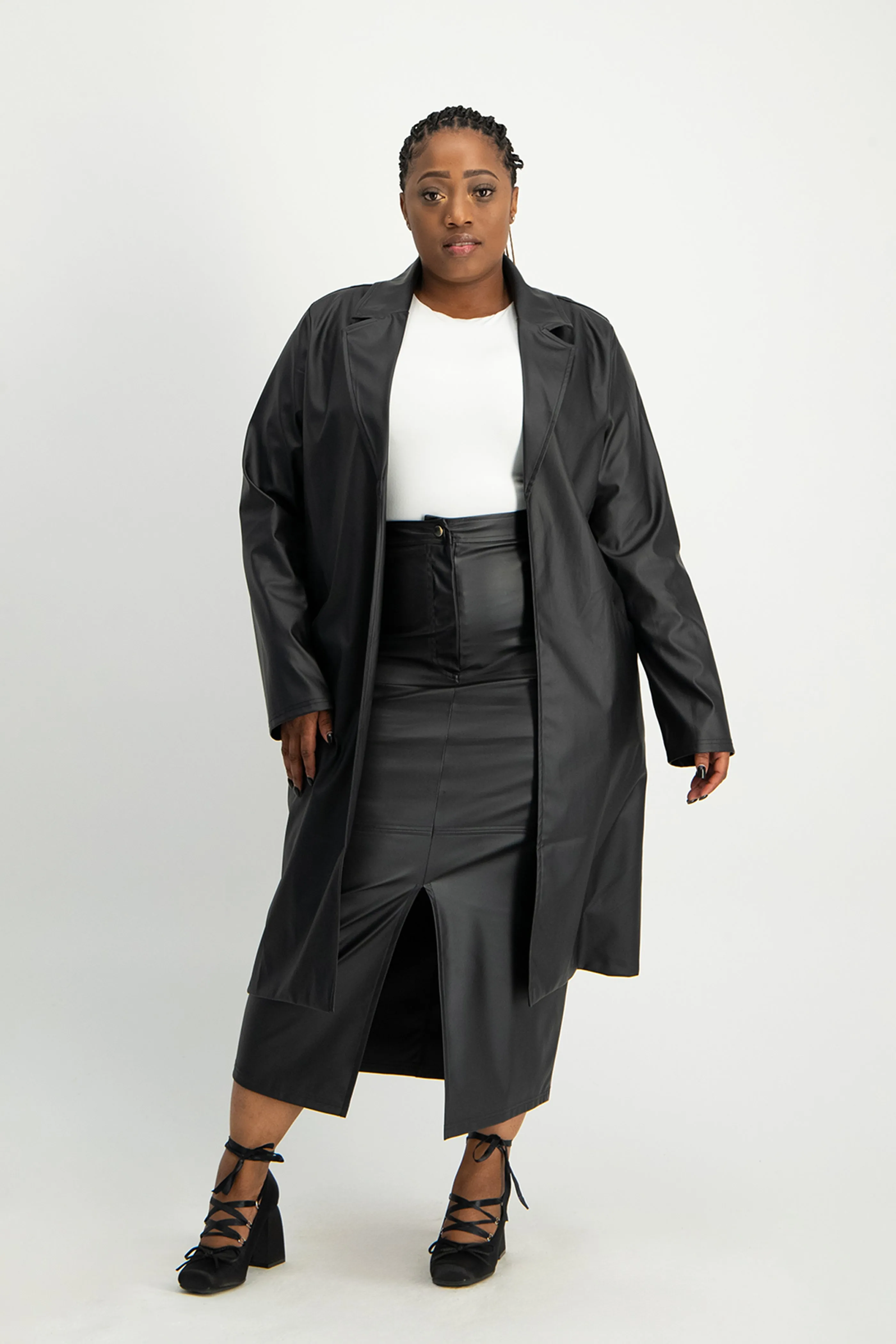 Cece Faux Leather Trench Coat - Black