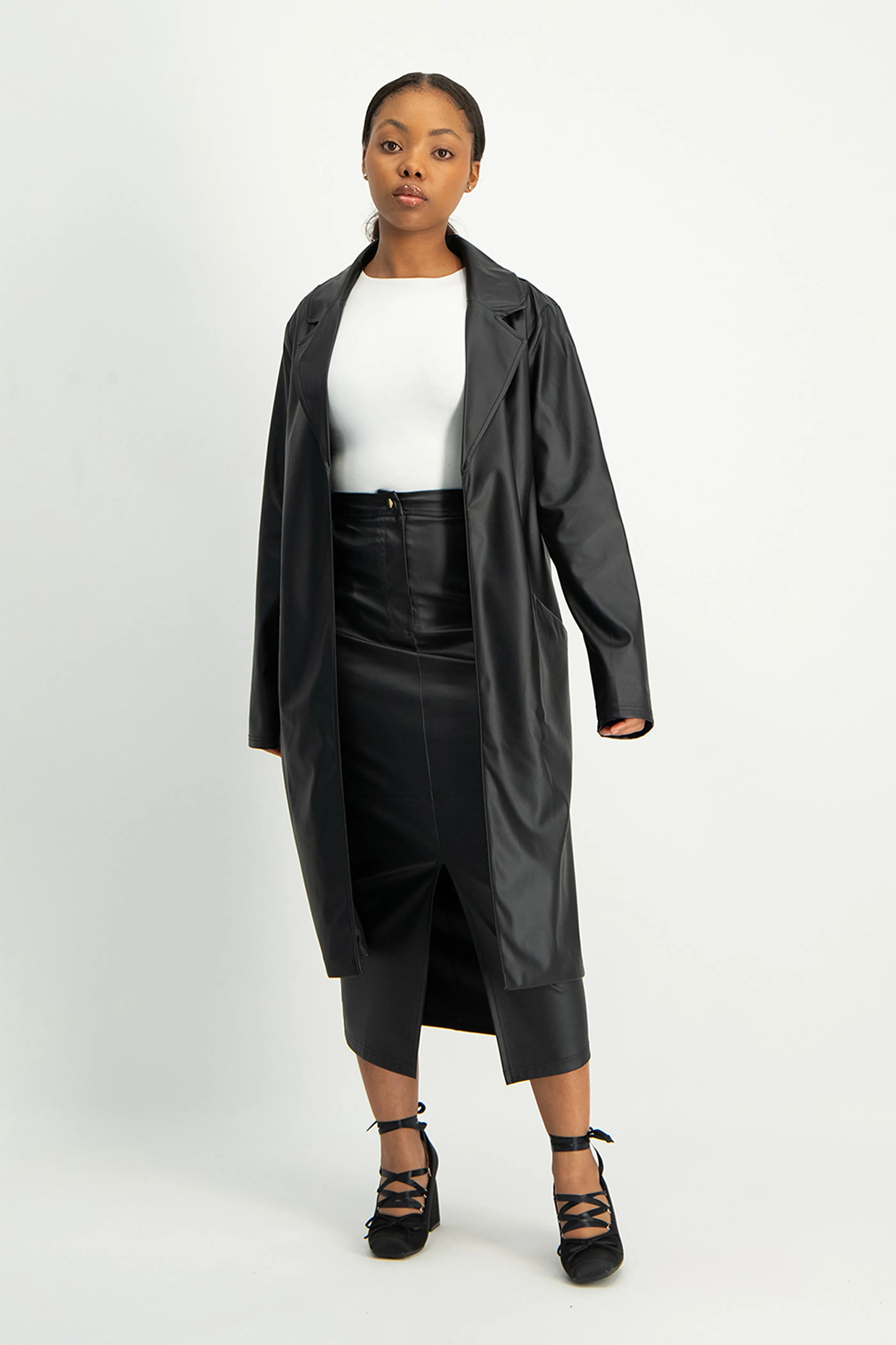 Cece Faux Leather Trench Coat - Black