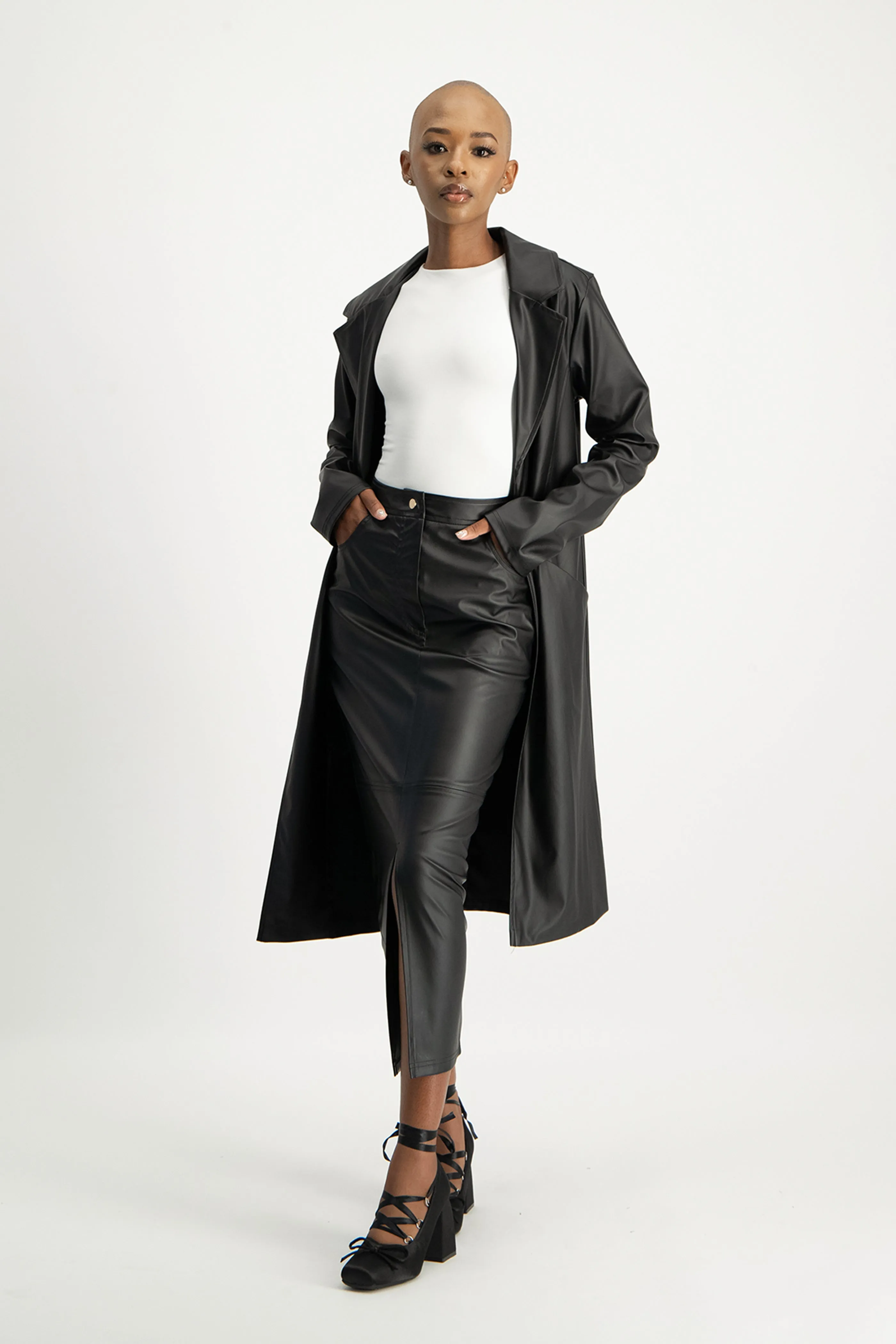 Cece Faux Leather Trench Coat - Black