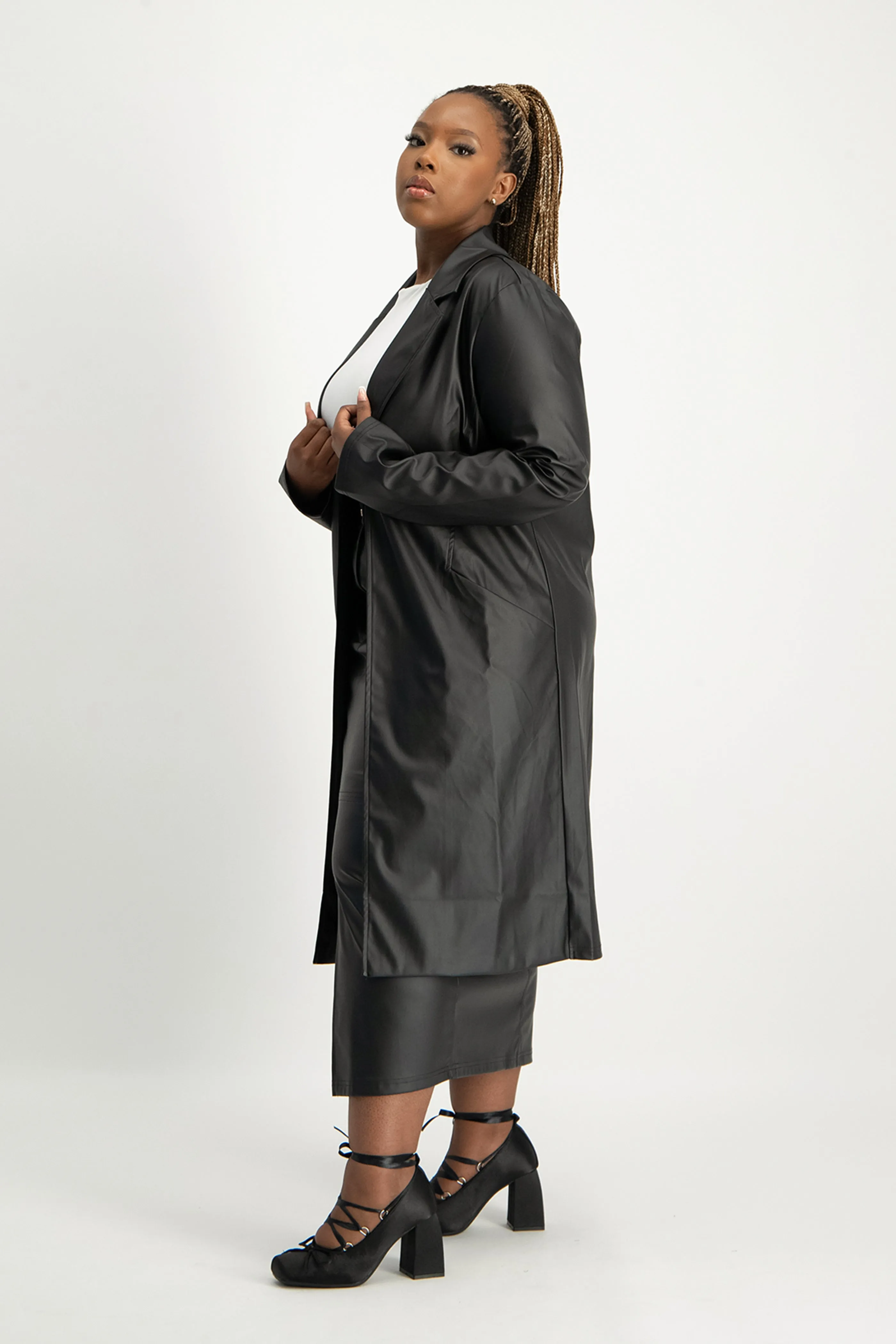 Cece Faux Leather Trench Coat - Black