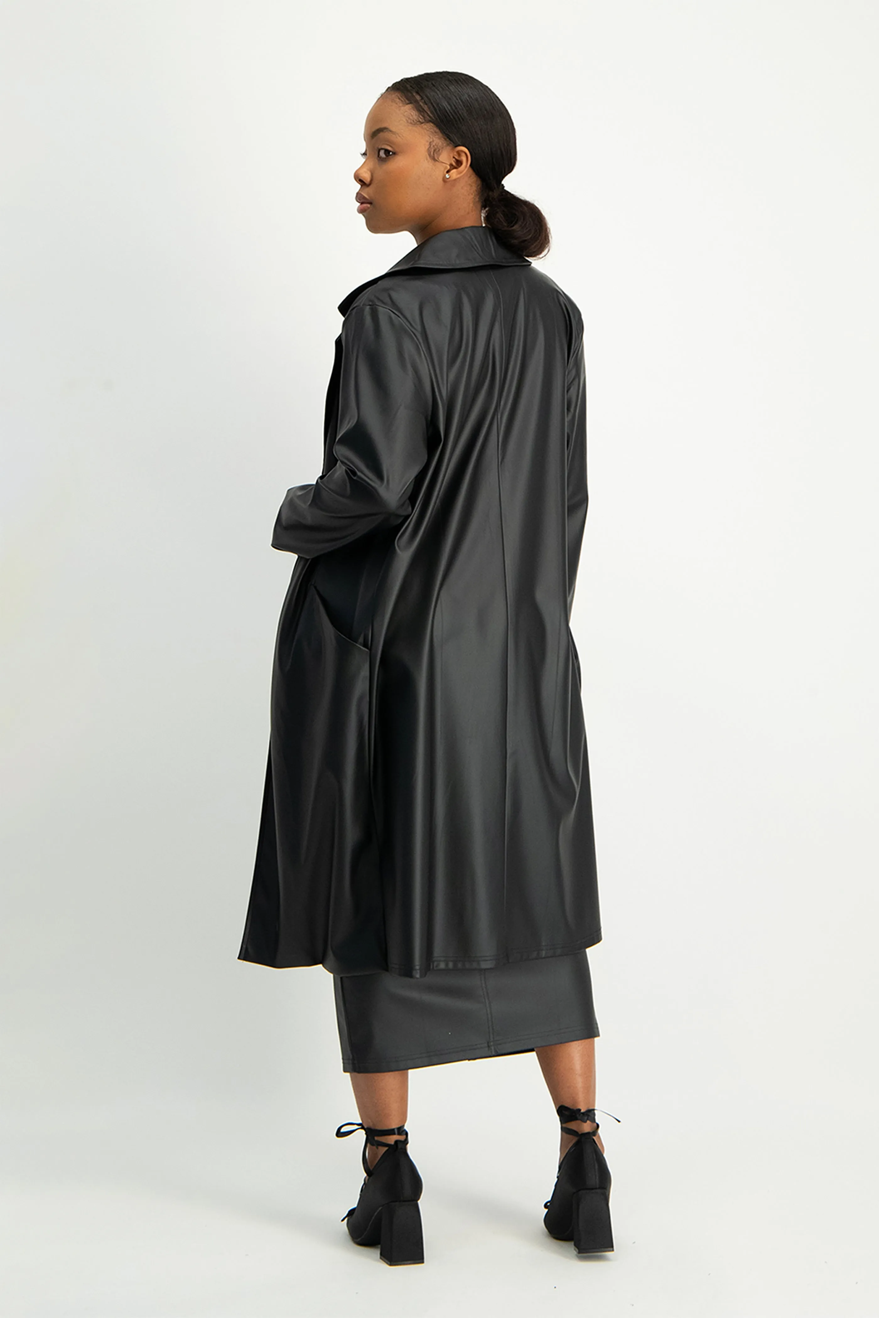 Cece Faux Leather Trench Coat - Black