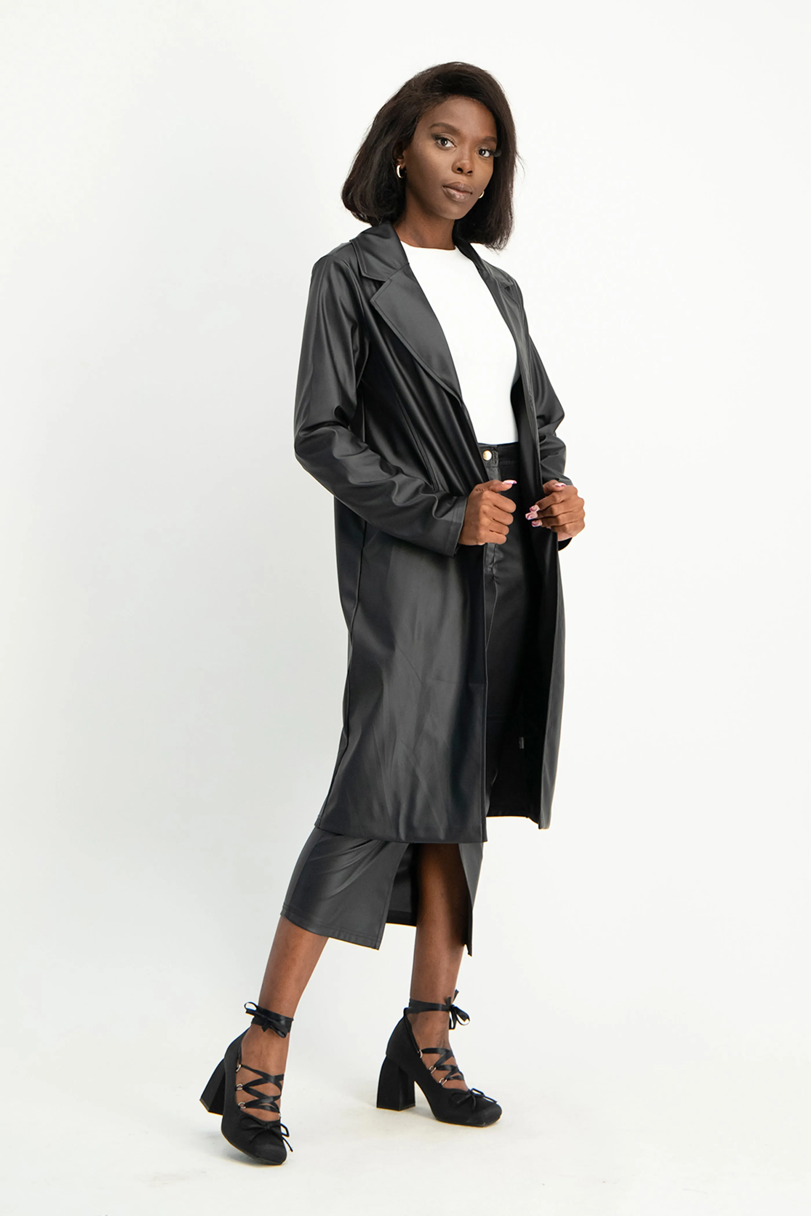 Cece Faux Leather Trench Coat - Black