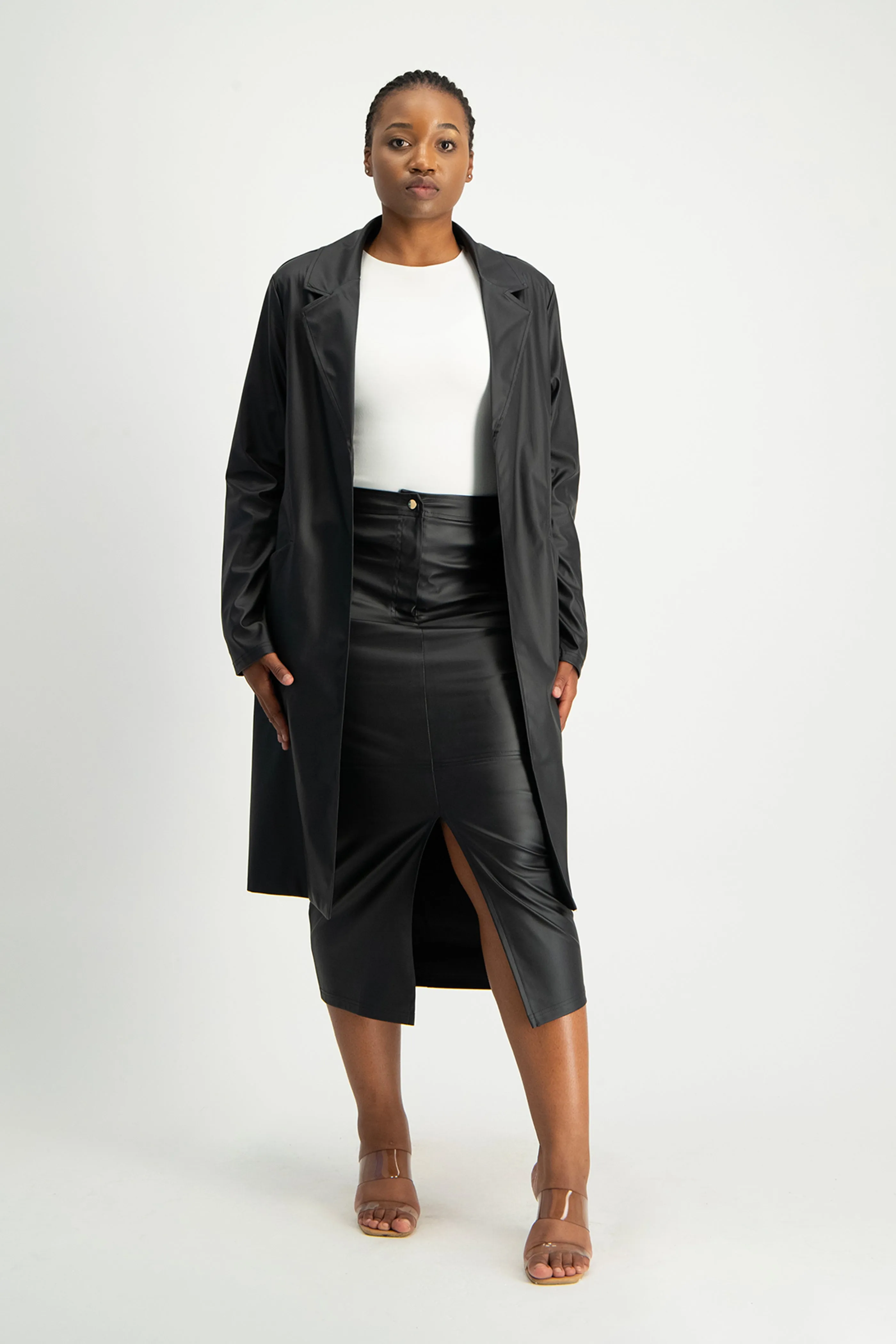 Cece Faux Leather Trench Coat - Black