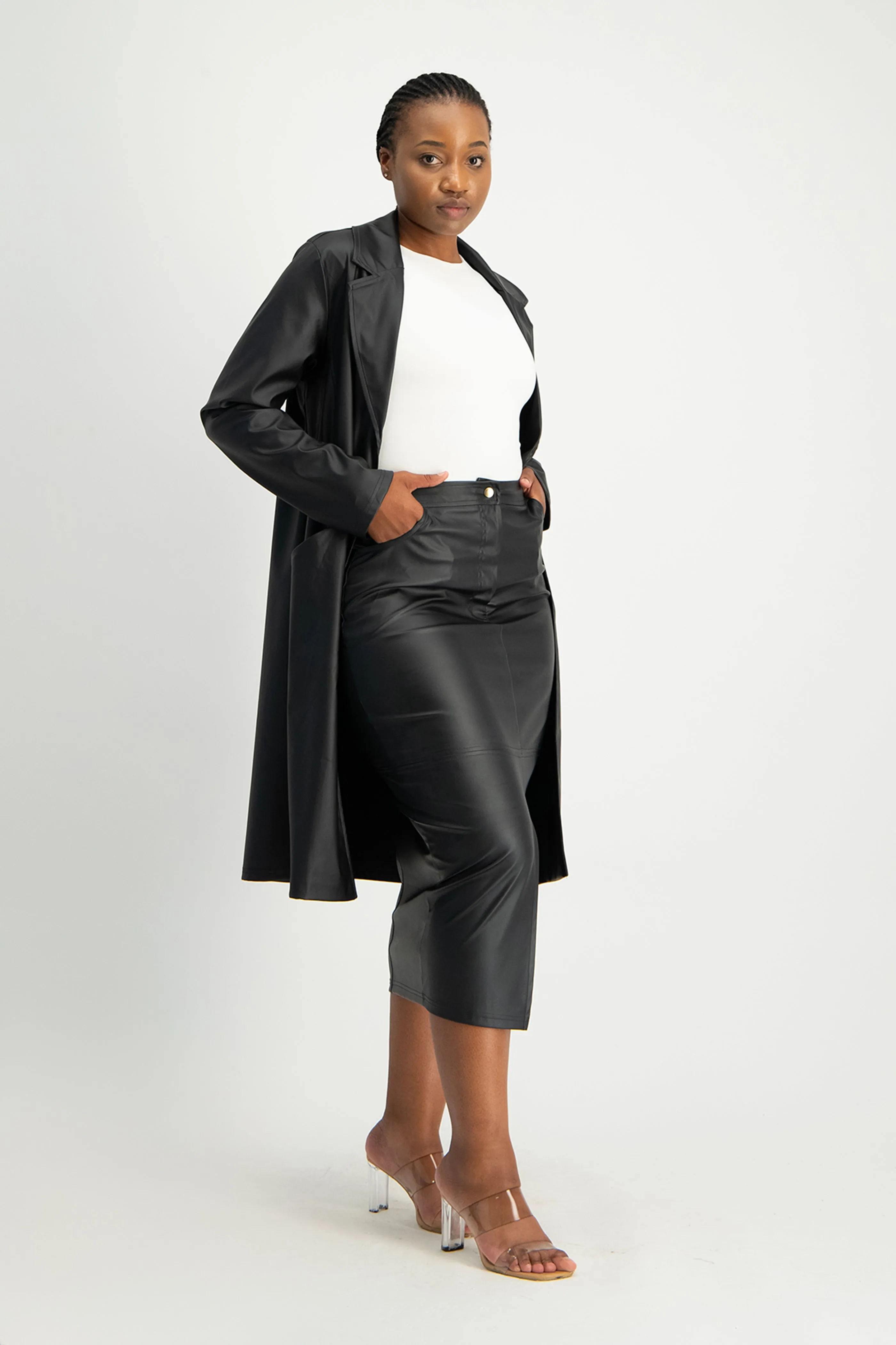 Cece Faux Leather Trench Coat - Black