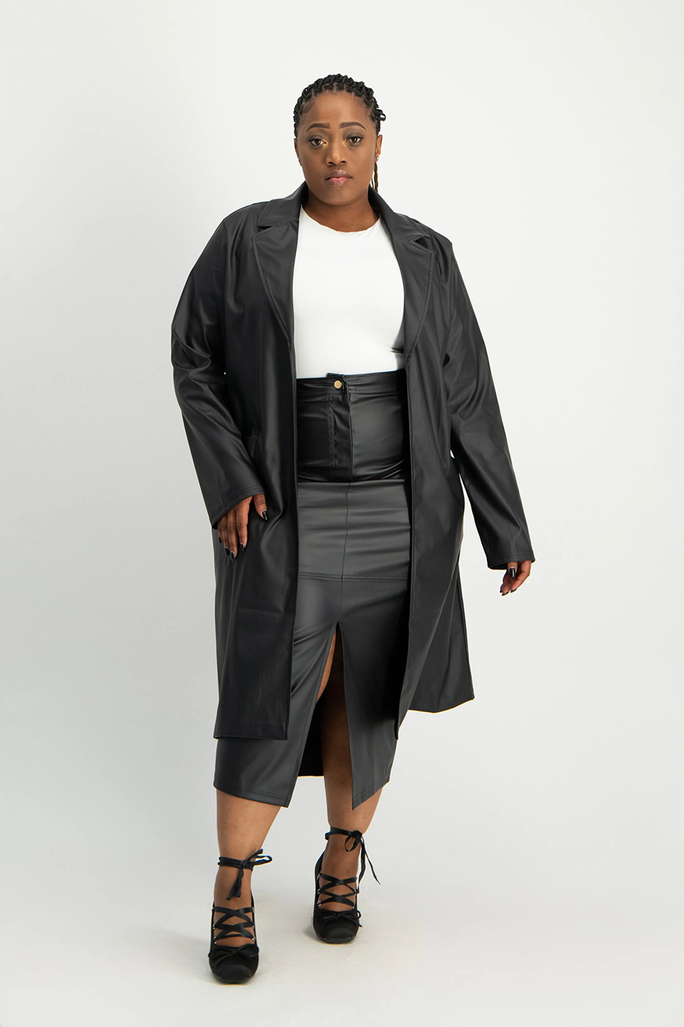 Cece Faux Leather Trench Coat - Black