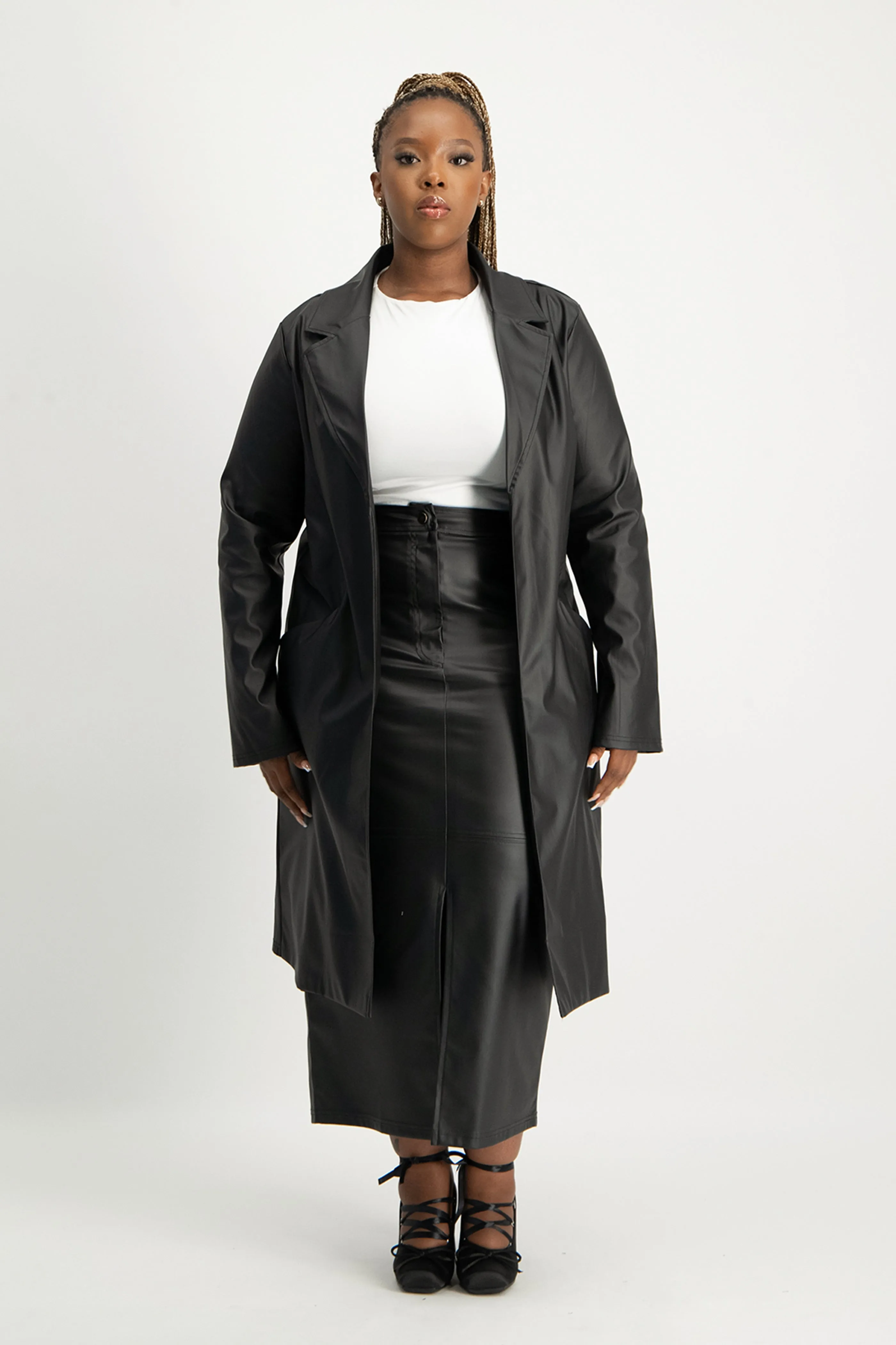 Cece Faux Leather Trench Coat - Black