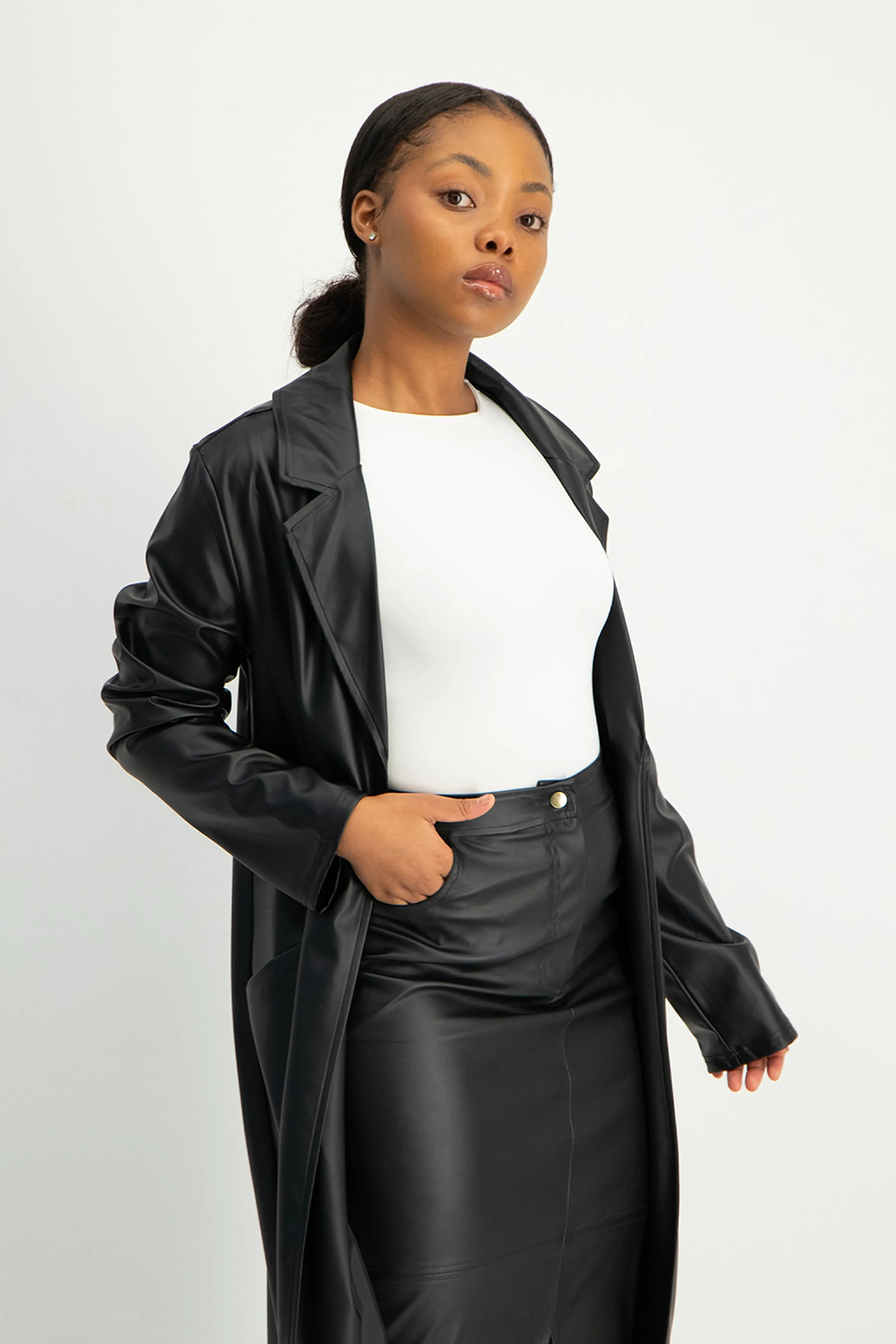 Cece Faux Leather Trench Coat - Black