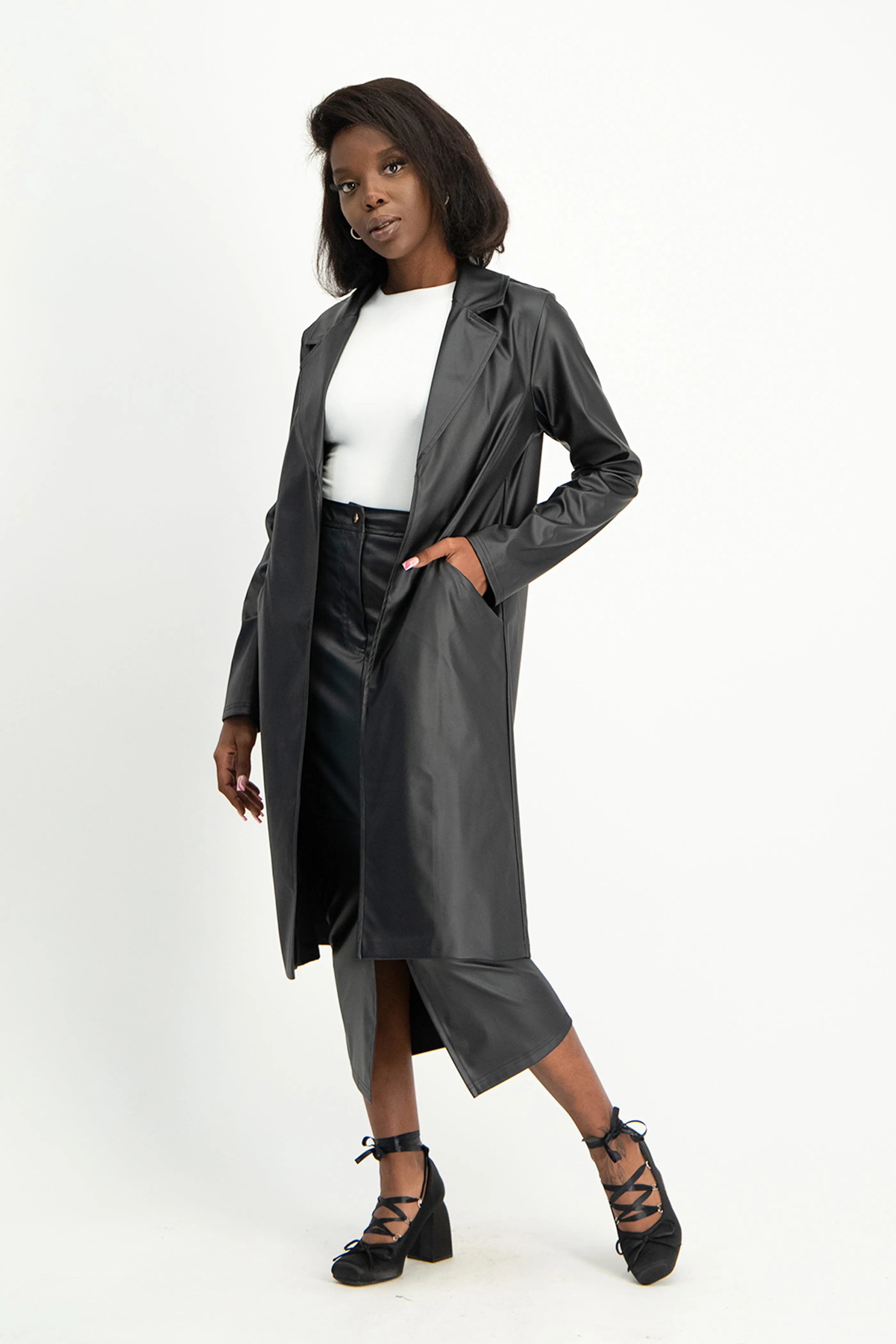 Cece Faux Leather Trench Coat - Black