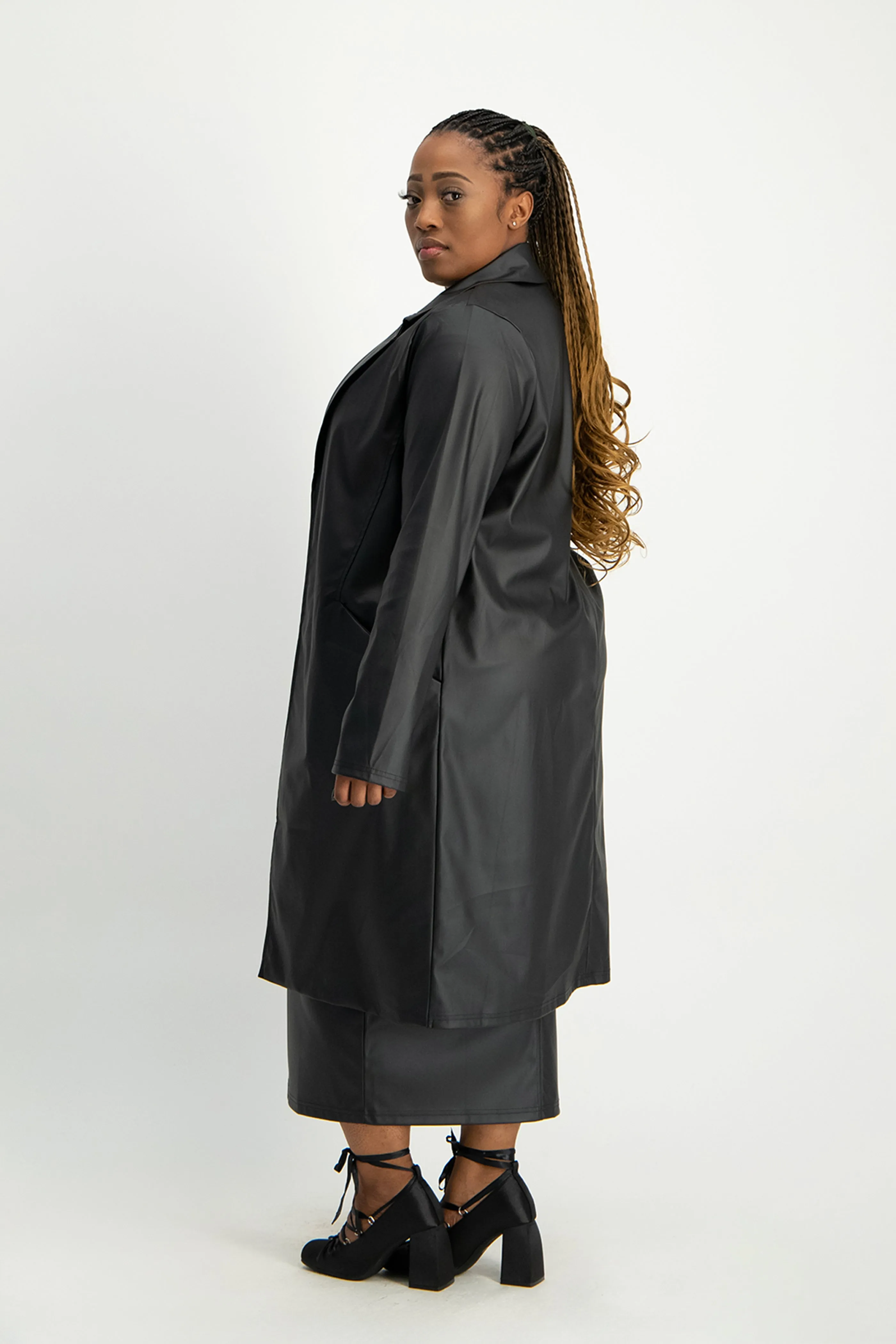 Cece Faux Leather Trench Coat - Black