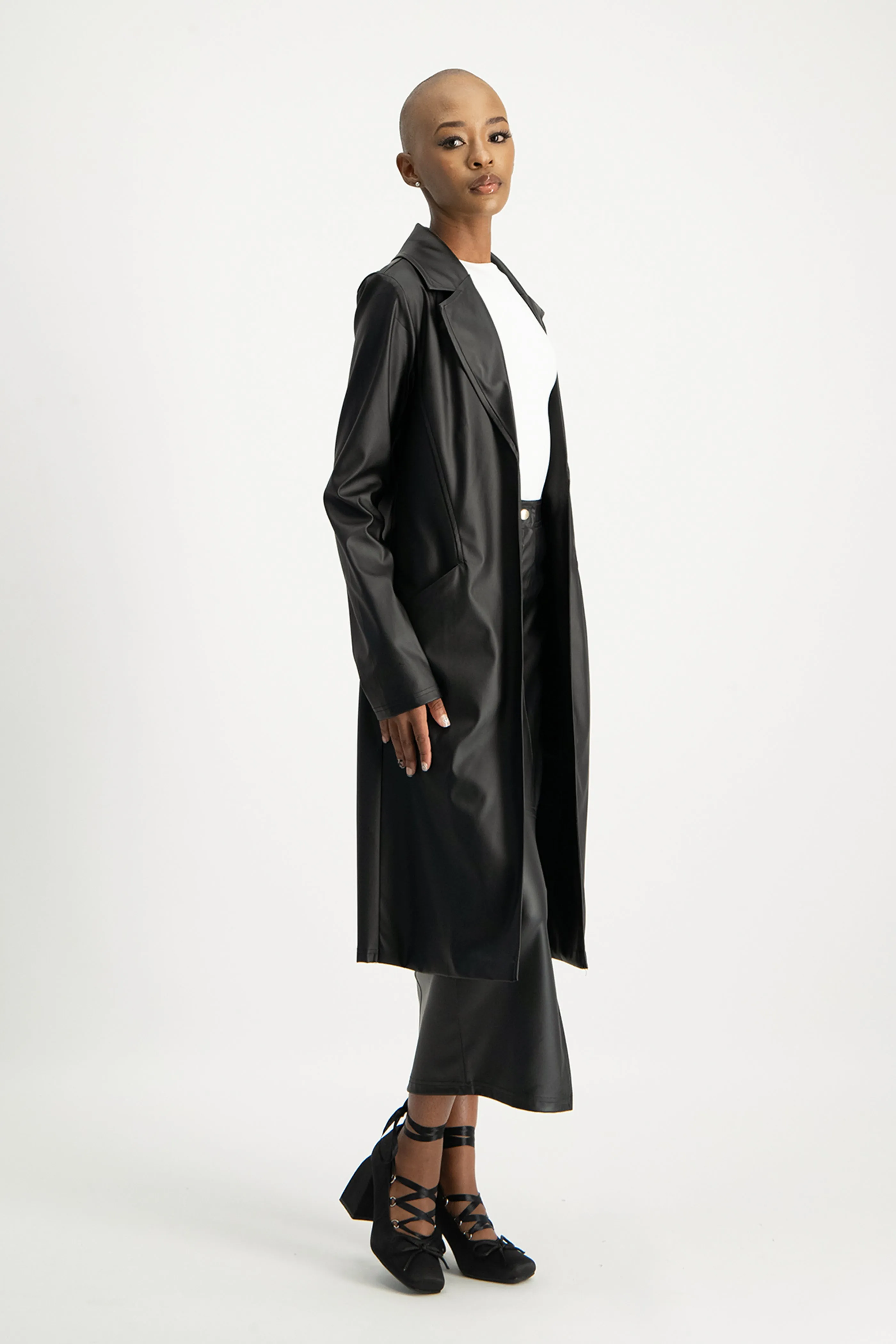 Cece Faux Leather Trench Coat - Black