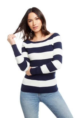 Chaser Rib Sweaters Long Sleeve Open Neck Reglan Pullover Sweater - Stripe