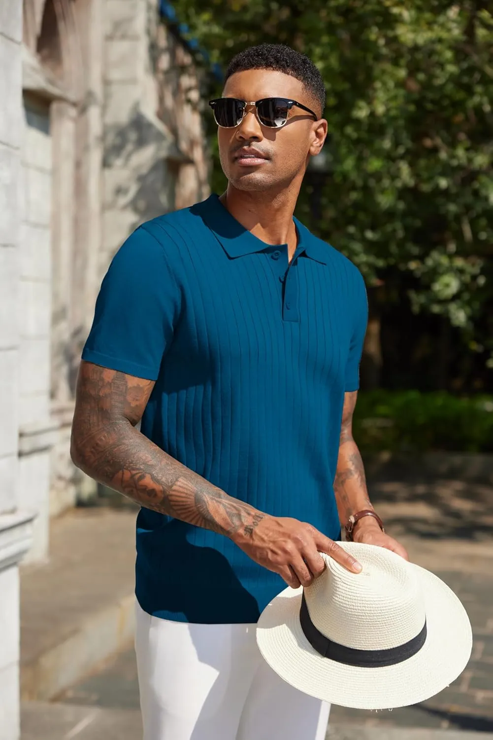 COOFANDY Men's Knit Polo Shirts Short Sleeve Ribbed Knitted Shirt Summer Lightweight Casual Golf Shirts