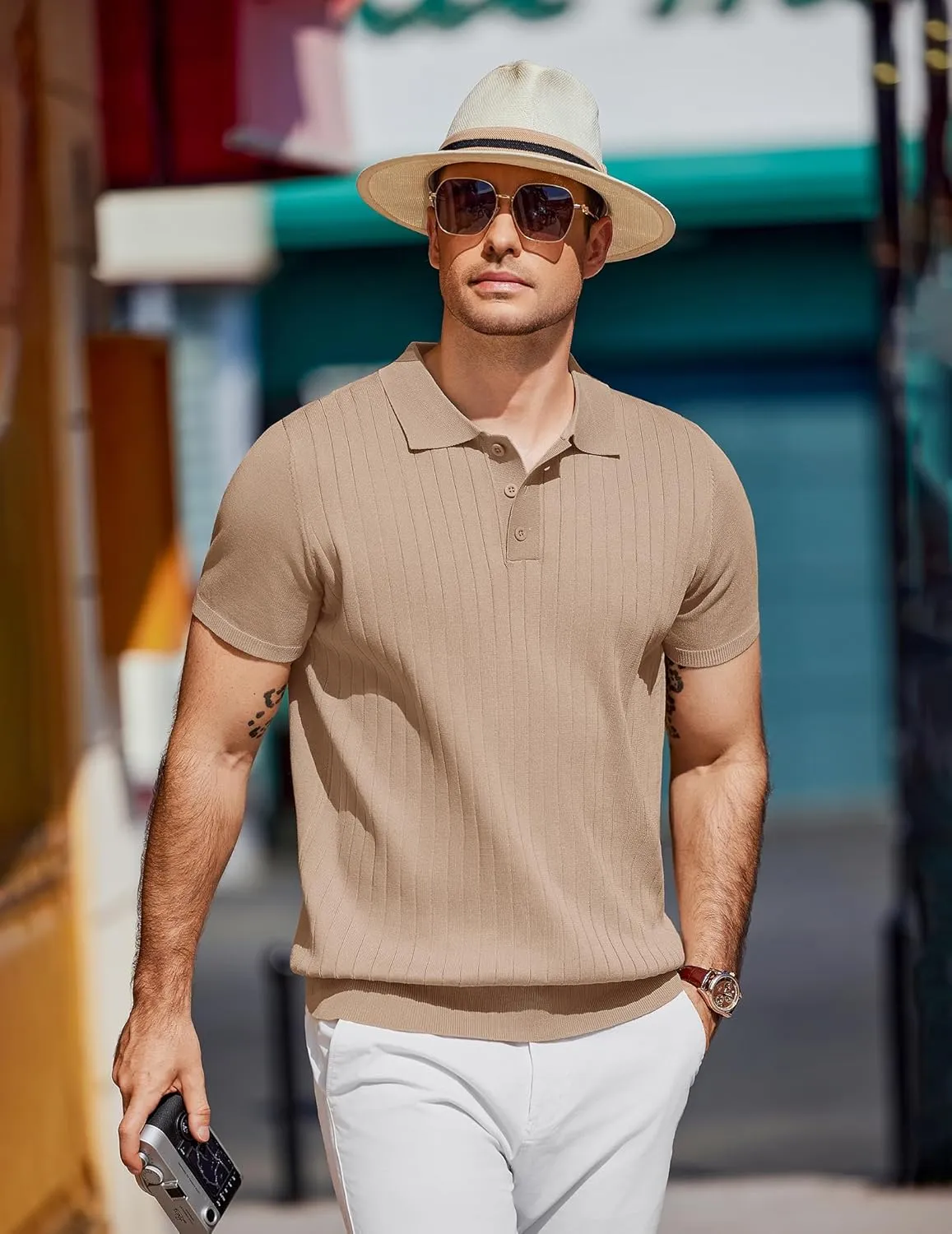 COOFANDY Men's Knit Polo Shirts Short Sleeve Ribbed Knitted Shirt Summer Lightweight Casual Golf Shirts