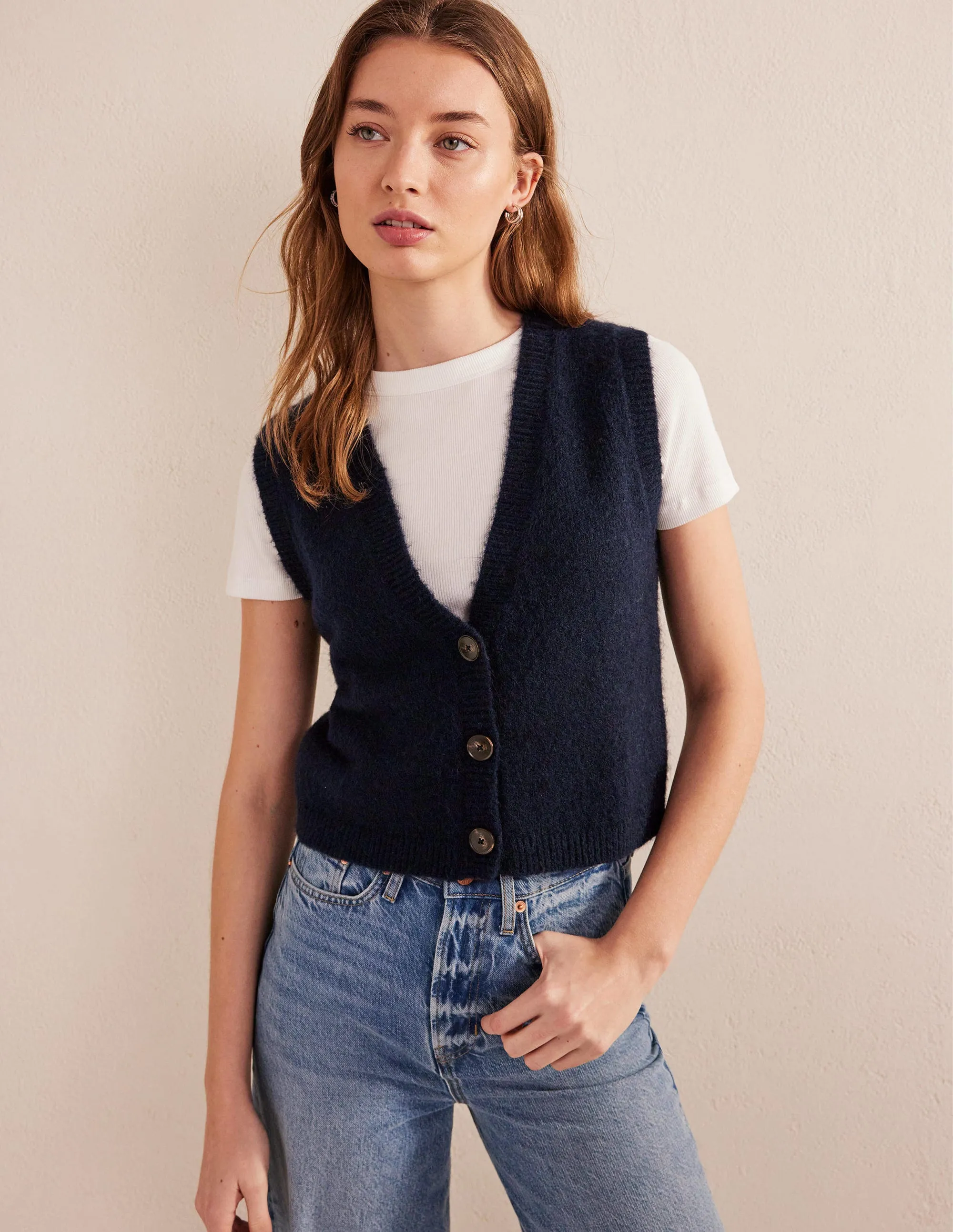 Cropped Fluffy Cardigan Tank-Navy