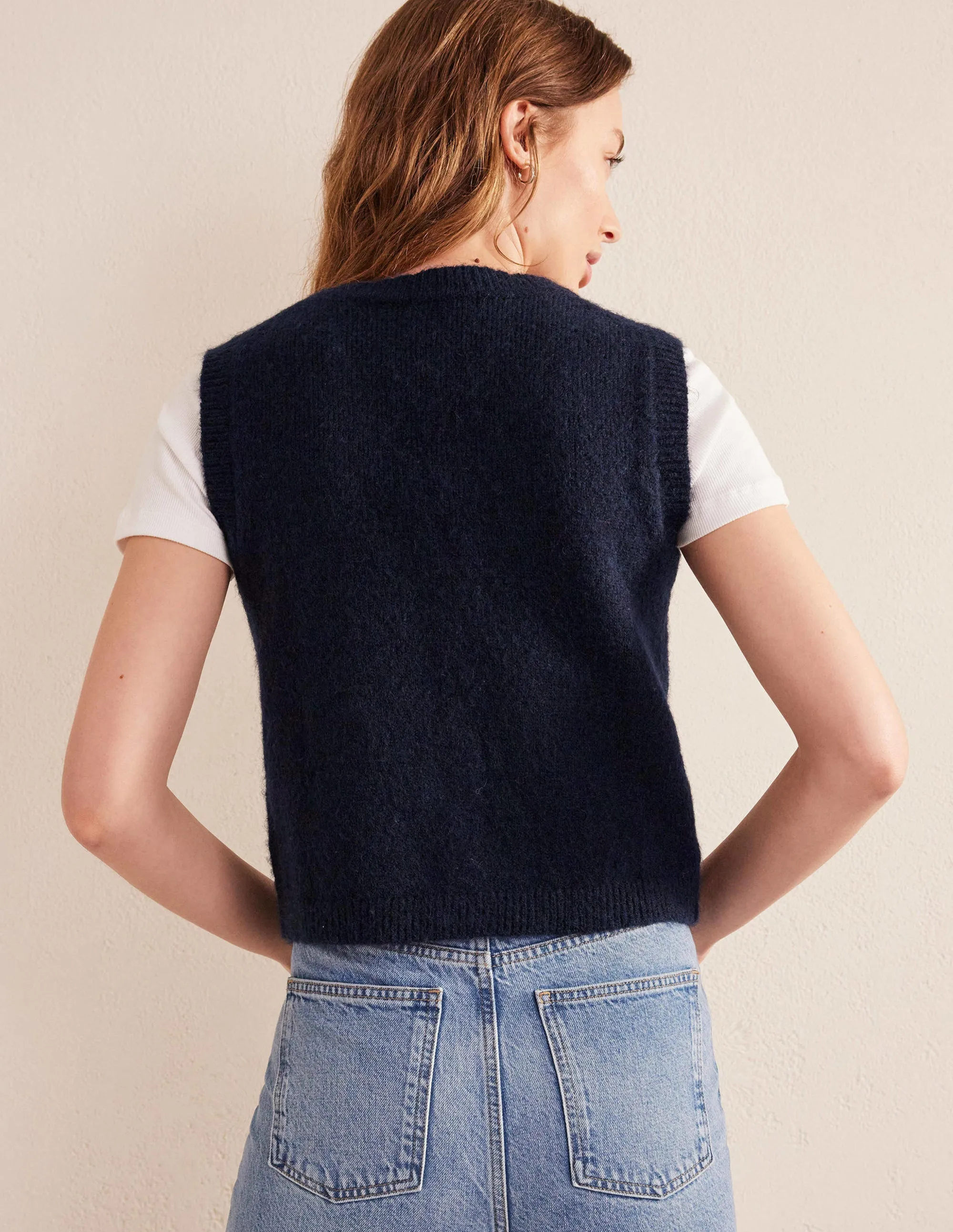 Cropped Fluffy Cardigan Tank-Navy