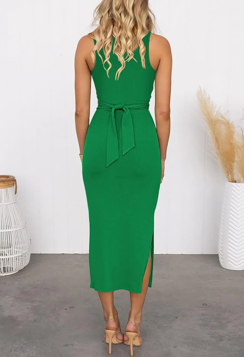 Duigluw Women's Summer Knit Sleeveless Crosscriss Cutout Ruched Bodycon Midi Dress with Slit