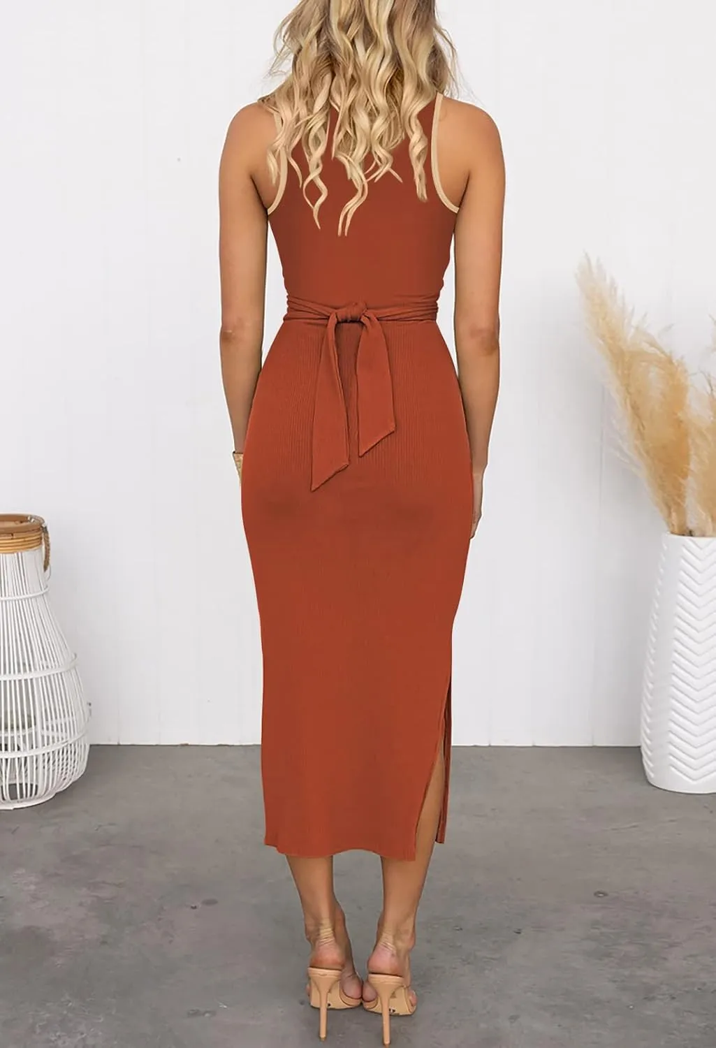 Duigluw Women's Summer Knit Sleeveless Crosscriss Cutout Ruched Bodycon Midi Dress with Slit