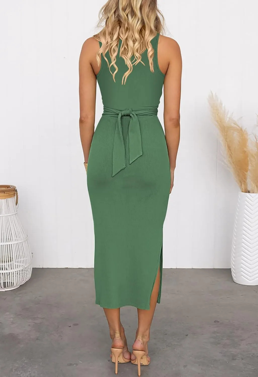 Duigluw Women's Summer Knit Sleeveless Crosscriss Cutout Ruched Bodycon Midi Dress with Slit