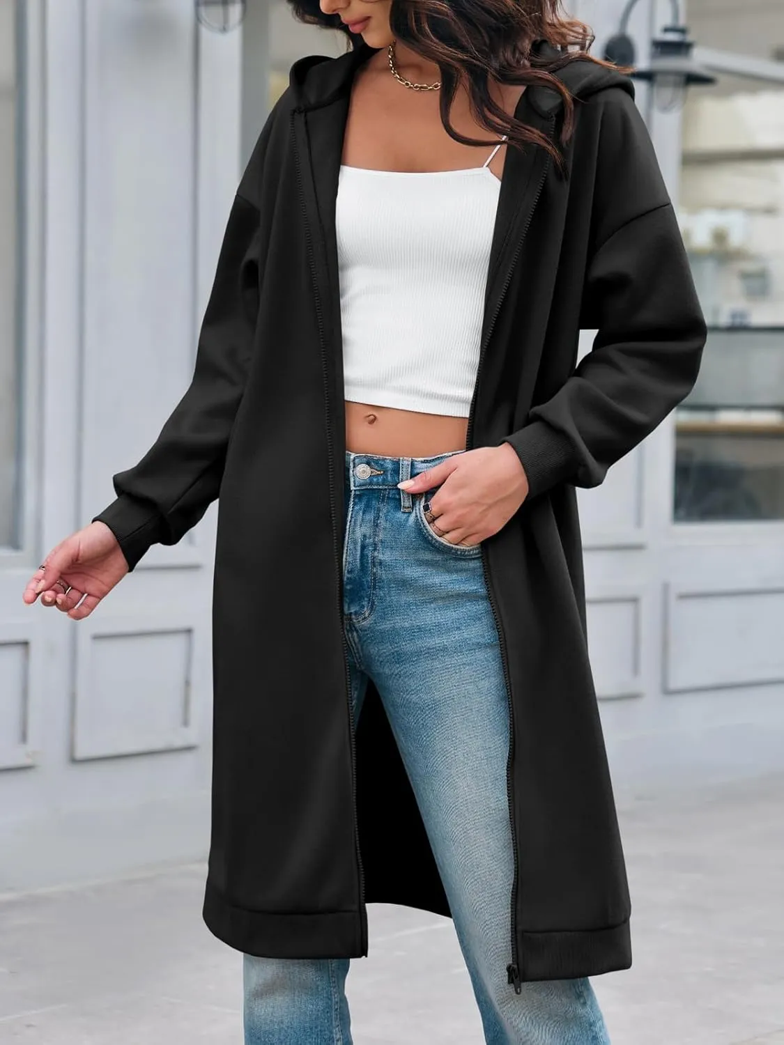Dyexces Women Zip Up Hoodie Casual Long Hoodies for Women Tunic Sweatshirts Jackets Winter Coat with Pockets