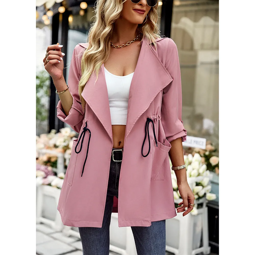 Fashion Lapel Drawstring Trench Solid Color Long Sleeve Slim Wholesale Coats