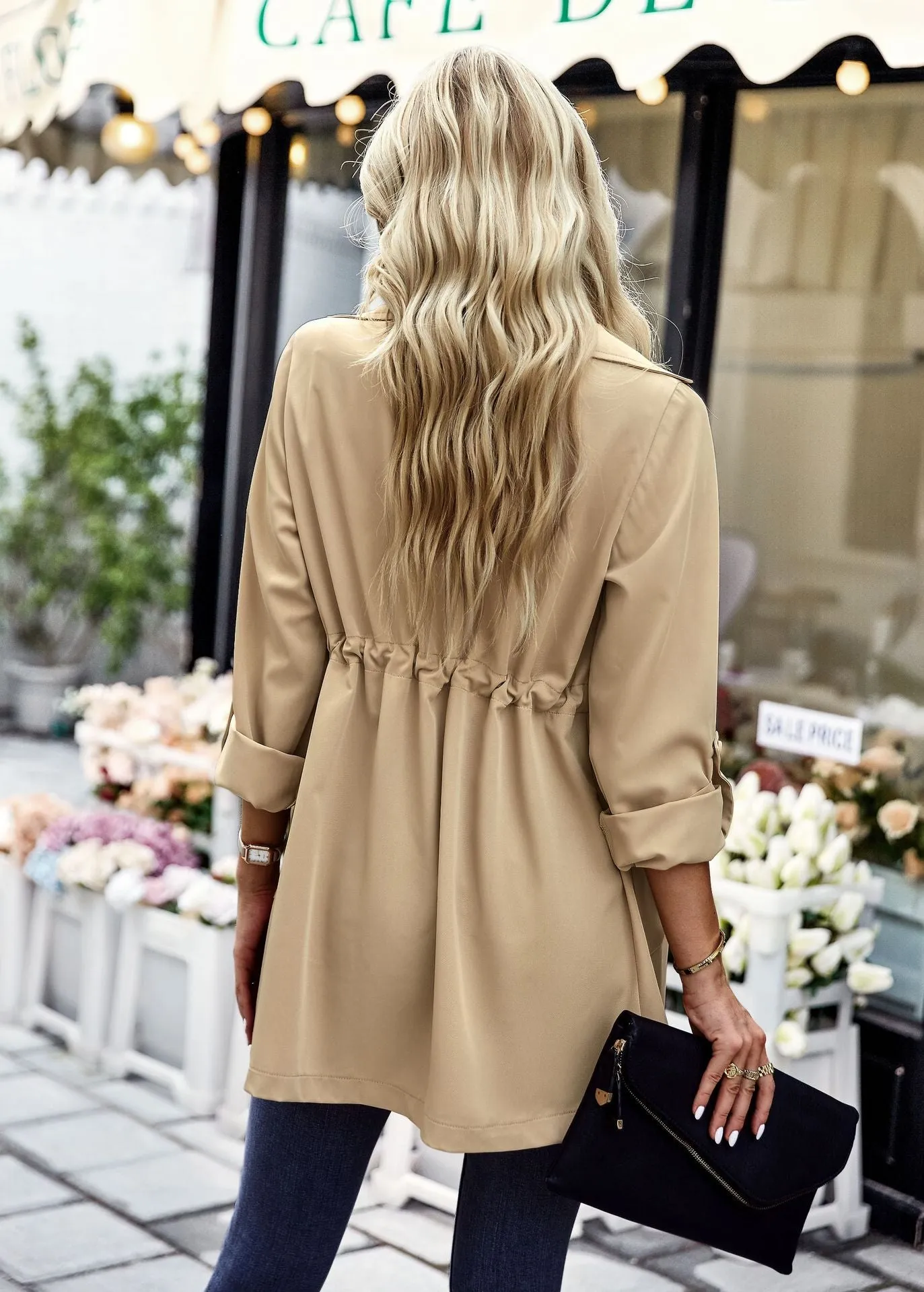 Fashion Lapel Drawstring Trench Solid Color Long Sleeve Slim Wholesale Coats