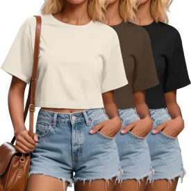 Ficerd 3 Pack Women Crop Tops Half Sleeve Cropped T Shirts Casual Crew Neck Drop Shoulder Loose Summer Solid Color