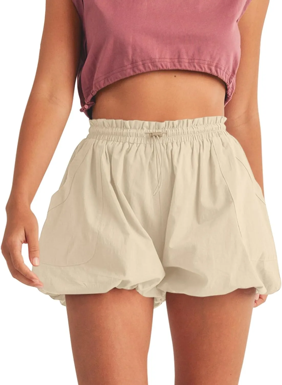 Fisoew Womens Summer Bubble Shorts Casual High Waisted Workout Puffy Shorts with Pockets