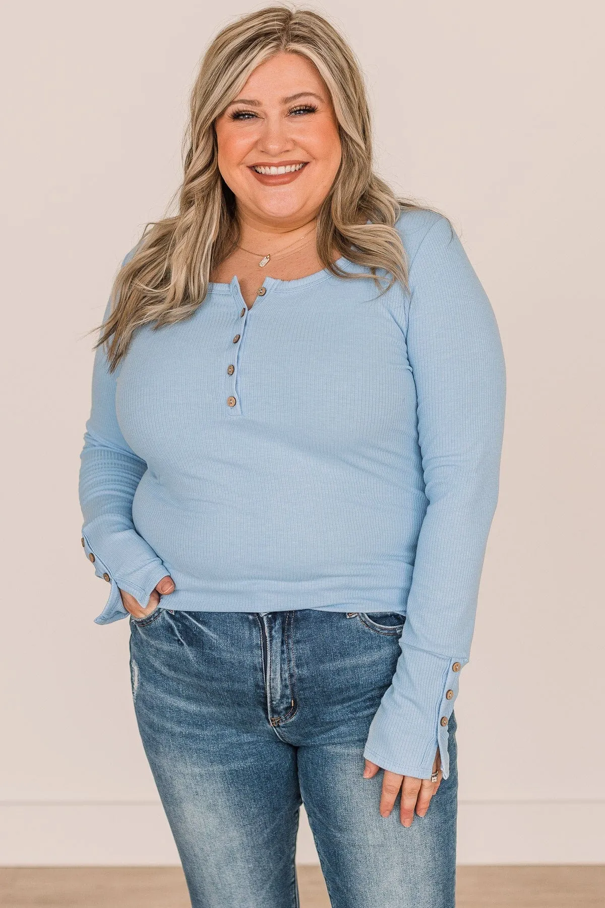 Give Your Best Long Sleeve Henley Top- Light Blue