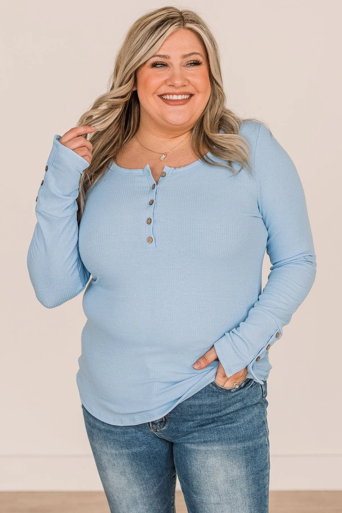 Give Your Best Long Sleeve Henley Top- Light Blue