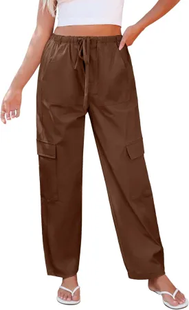 GRAPENT Wide Leg Pants Woman Cargo High Waisted Cotton Pull On Elastic Waist Drawstring Baggy Cinch Hem Joggers Pants