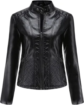 Hasta Faux Leather Jacket Crop Plus Size Women Slim Fit Motorcycle Bike Coat Stand Collar Zip Pocket Short Pleather Jacket