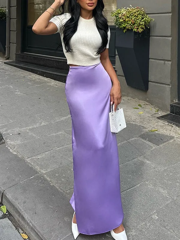 High Waisted Elasticity Solid Color Split-Joint Skirts